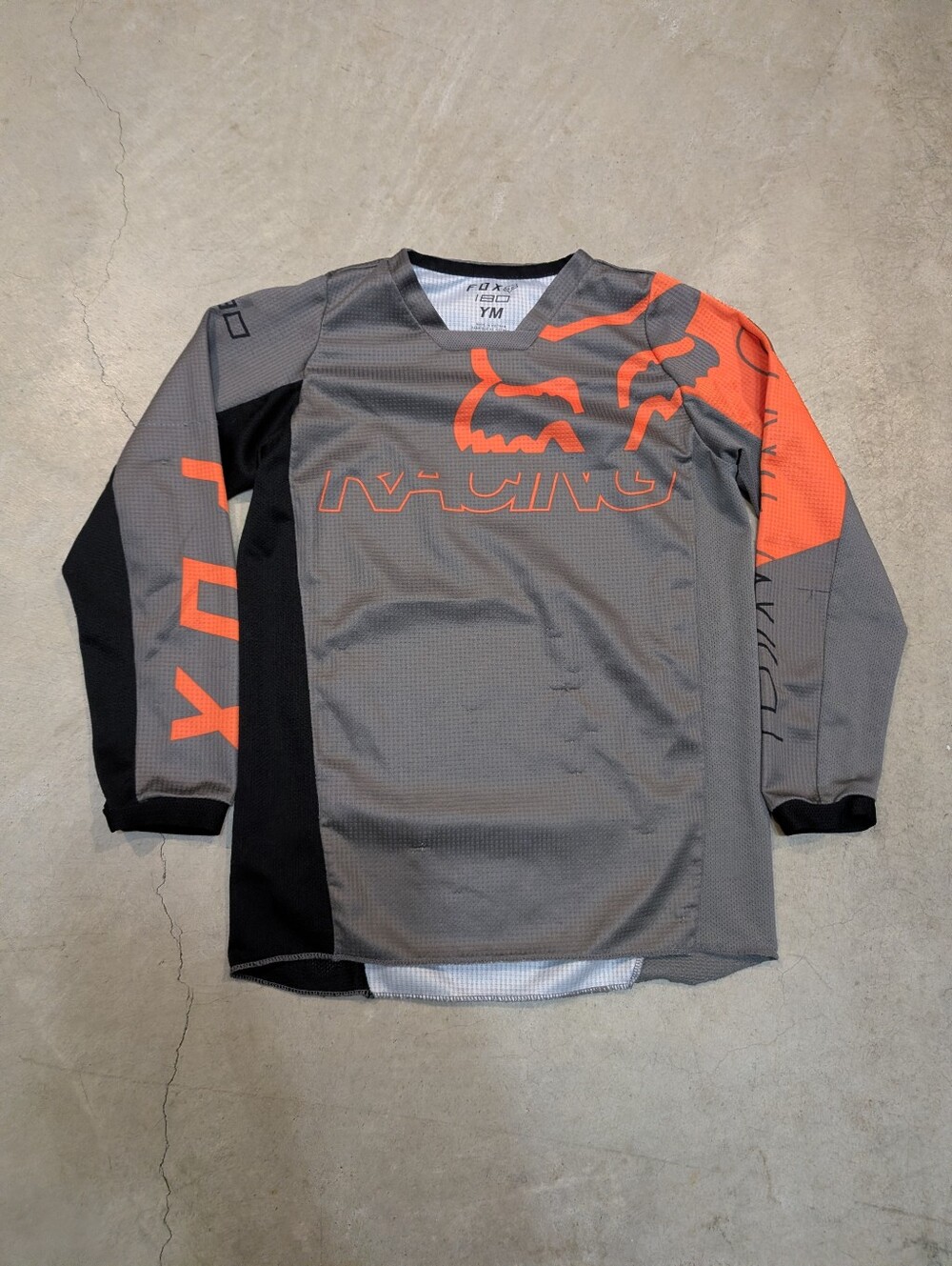 Fox 180 Kids M Grey & Orange Long Sleeve Jersey Flaws